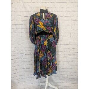 Vtg DIANE FREIS Floral Midi Full Skirt Pleated Puff Sleeve Dress W/Scarf ‎ S/M